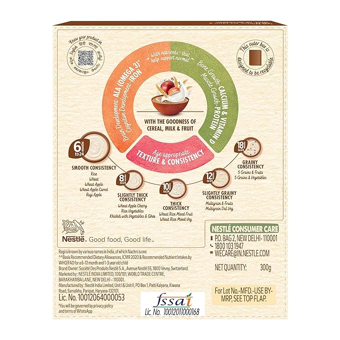 CERELAC Baby Food Cereal | No Refined Sugar | No Preservatives | Ragi (Nachni) Apple for 6 to 24 Months Baby | Omega 3 Iron Protein Calcium Vitamin D for Babies | Instant Cereal | 300g