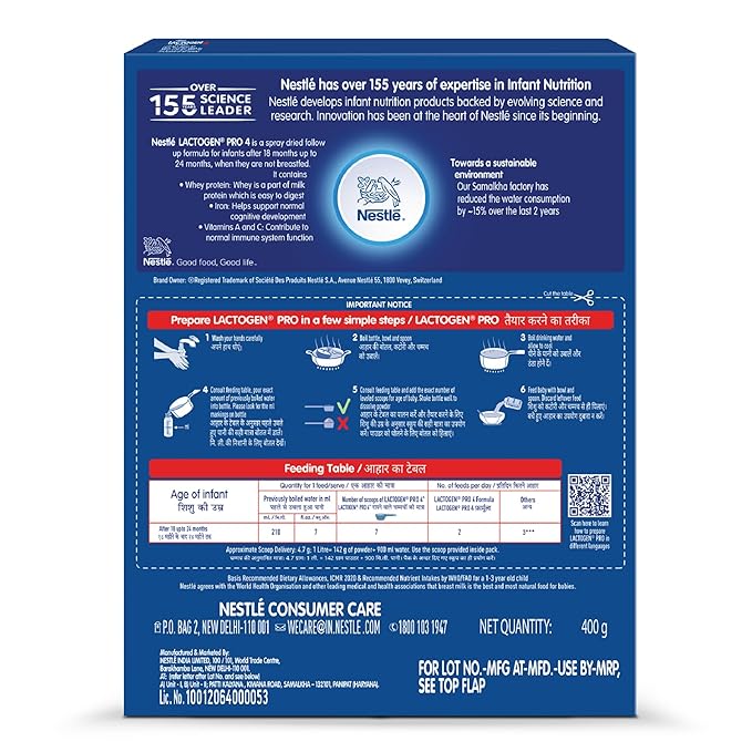 Lactogen Pro 4, Follow-Up Formula With Iron, Whey Protein And Vitamins, After 18 Months Up To 24 Months, Bag-In-Box Pack, 400g