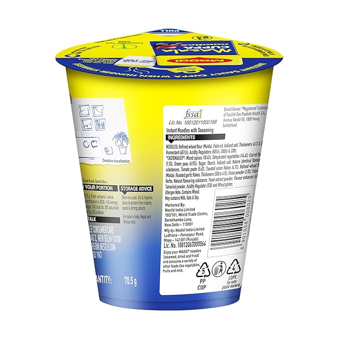 MAGGI Instant Cuppa Noodles,Masala |Delicious Slurpy Saucy Taste|With Extra Veggies 70.5g