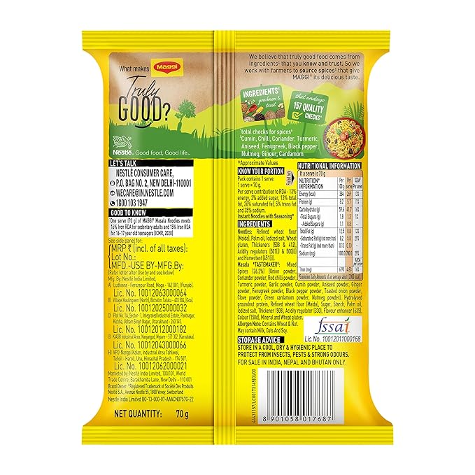 MAGGI 2-Minute Instant Noodles, Masala Noodles With Goodness Of Iron, Made With Choicest Quality Spices, Favourite Masala Taste, 70g Pouch