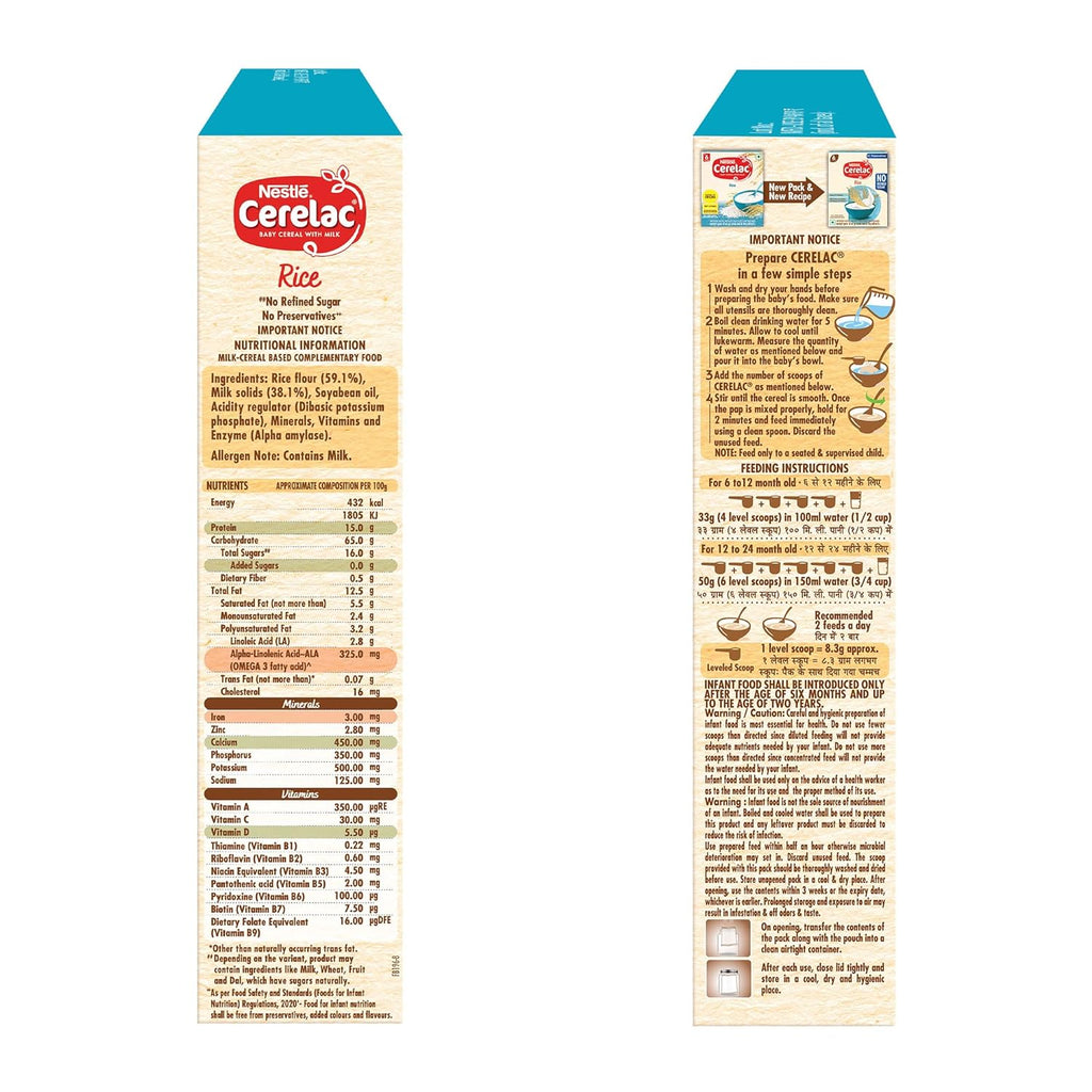 CERELAC Baby Food Cereal | No Refined Sugar | No Preservatives | Rice for 6 to 24 Months Baby | Omega 3 Iron Protein Calcium Vitamin D for Babies | Instant Cereal | 300g