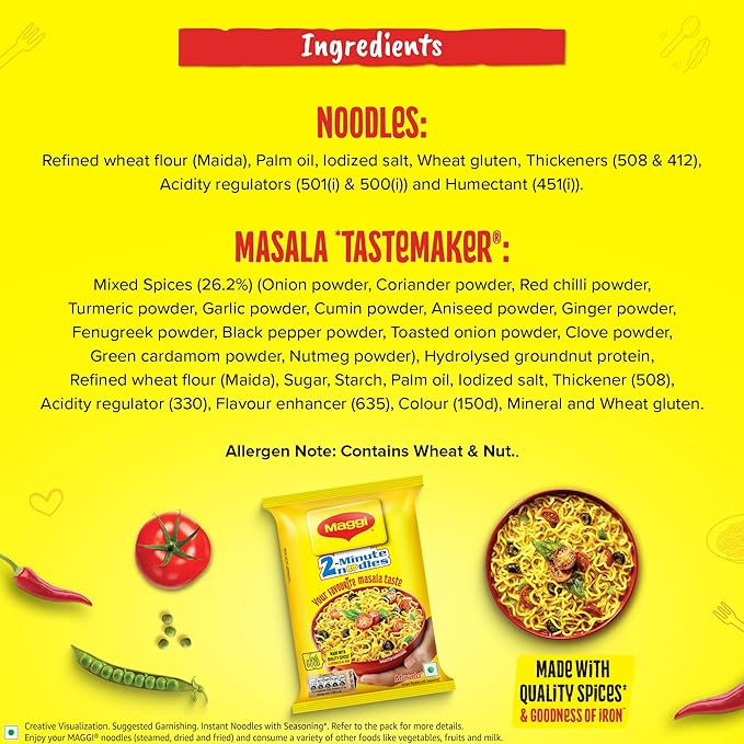 MAGGI 2-Minute Instant Noodles, Masala Noodles With Goodness Of Iron, Made With Choicest Quality Spices, Favourite Masala Taste, 70g Pouch