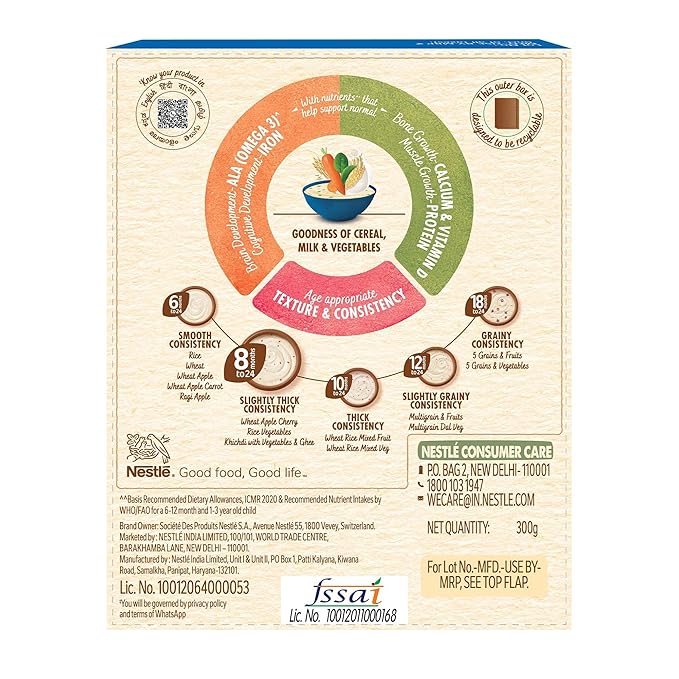 CERELAC Baby Food Cereal | No Refined Sugar | No Preservatives | Rice Vegetables for 8 to 24 Months Baby | Omega 3 Iron Protein Calcium Vitamin D for Babies | Instant Cereal | 300g