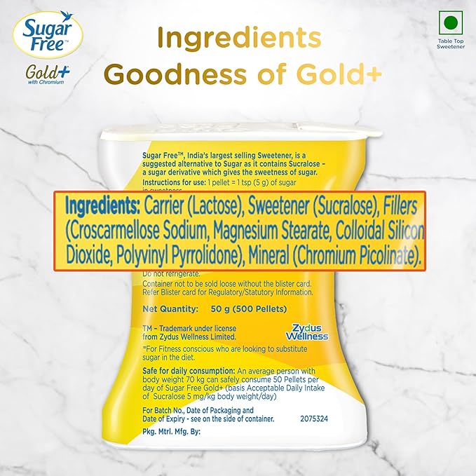 Sugar Free Gold, 500 Pellets| India s No.1 Sweetner| Sweet like Sugar with Low Calories| Scientifically Proven & Tested 50g