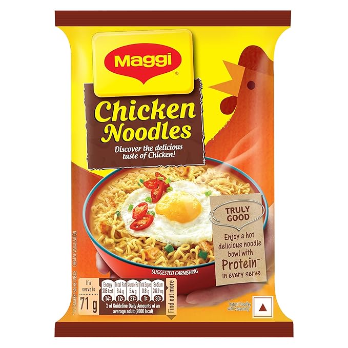 MAGGI 2-Minute Chicken Noodles, Instant Noodles With Great Taste & Aroma, Protein In Every Serve, Ready To Cook Noodles Pack, 71Gram, Small