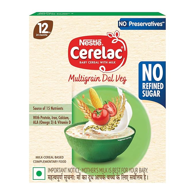 CERELAC Baby Food Cereal | No Refined Sugar | No Preservatives | Multigrain Dal Veg for 12 to 24 Months Baby | Omega 3 Iron Protein Calcium Vitamin D for Babies | Instant Cereal | 300g