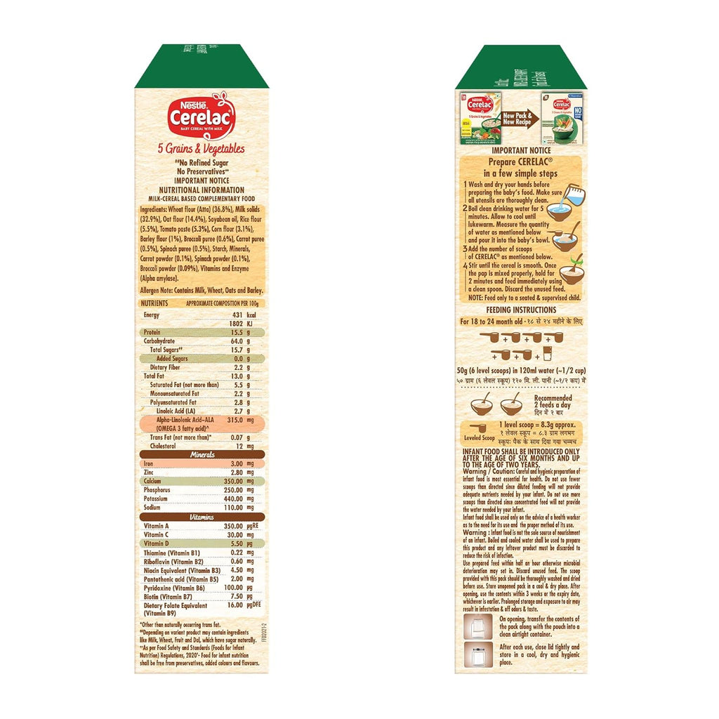 ERELAC Baby Food Cereal | No Refined Sugar | No Preservatives | 5 Grains & Vegetables for 18 to 24 Months Baby | Omega 3 Iron Protein Calcium Vitamin D for Babies | Instant Cereal | 300g