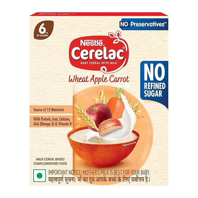 CERELAC Baby Food Cereal | No Refined Sugar | No Preservatives | Wheat Apple Carrot for 6 to 24 Months Baby | Omega 3 Iron Protein Calcium Vitamin D for Babies | Instant Cereal | 300g