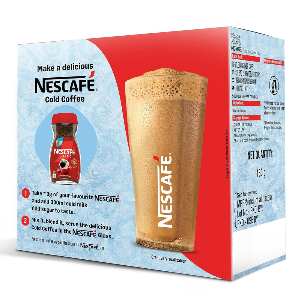 Nescafe Classic Instant Coffee Powder | Indulge In A Delicious NESCAFE Cold Coffee At Home | Jar with Free Frosty Cafe Glass Inside | 190 G/180 G Jar (Weight May Vary)