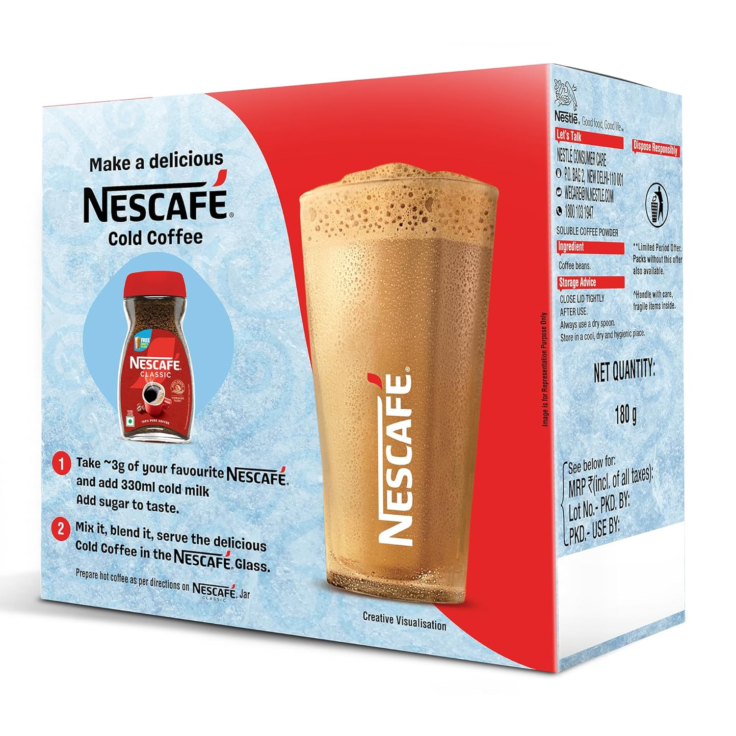 Nescafe Classic Instant Coffee Powder | Indulge In A Delicious NESCAFE Cold Coffee At Home | Jar with Free Frosty Cafe Glass Inside | 190 G/180 G Jar (Weight May Vary)