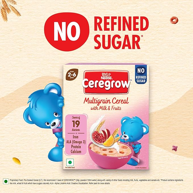 CEREGROW with NO Refined Sugar | Multigrain Cereal with Milk & Fruits | with Iron, Omega 3, Protein, Calcium | 19 Nutrients | 300g, Bag-in-Box Pack