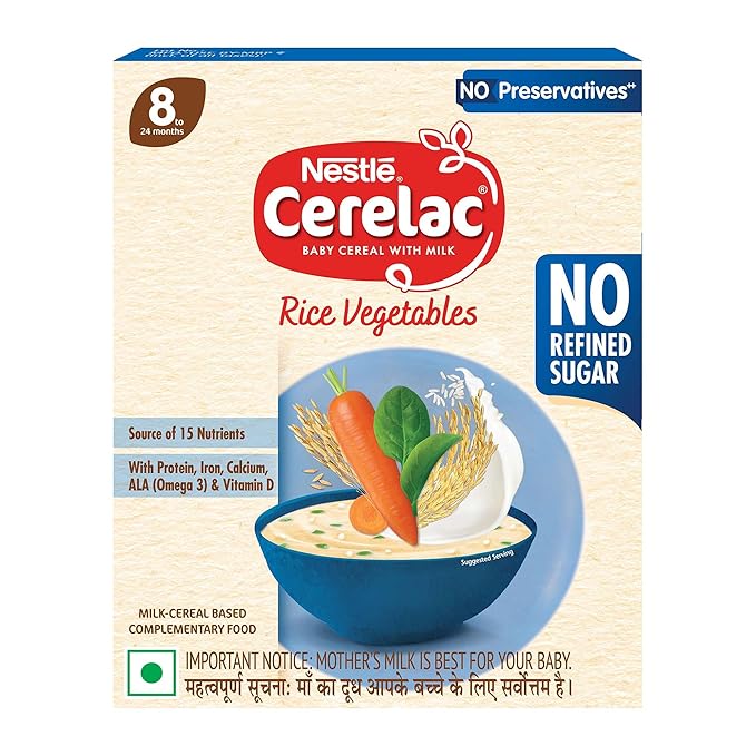 CERELAC Baby Food Cereal | No Refined Sugar | No Preservatives | Rice Vegetables for 8 to 24 Months Baby | Omega 3 Iron Protein Calcium Vitamin D for Babies | Instant Cereal | 300g