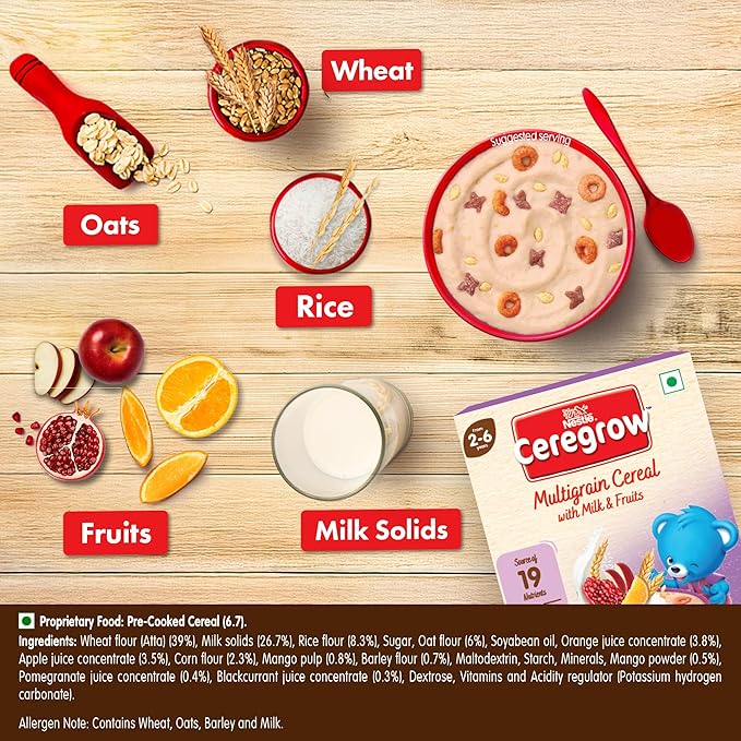 CEREGROW Multigrain Milk & Fruits Cereal | With Iron, Protein, Calcium | 19 Nutrients | 300g, Bag-in-box Pack