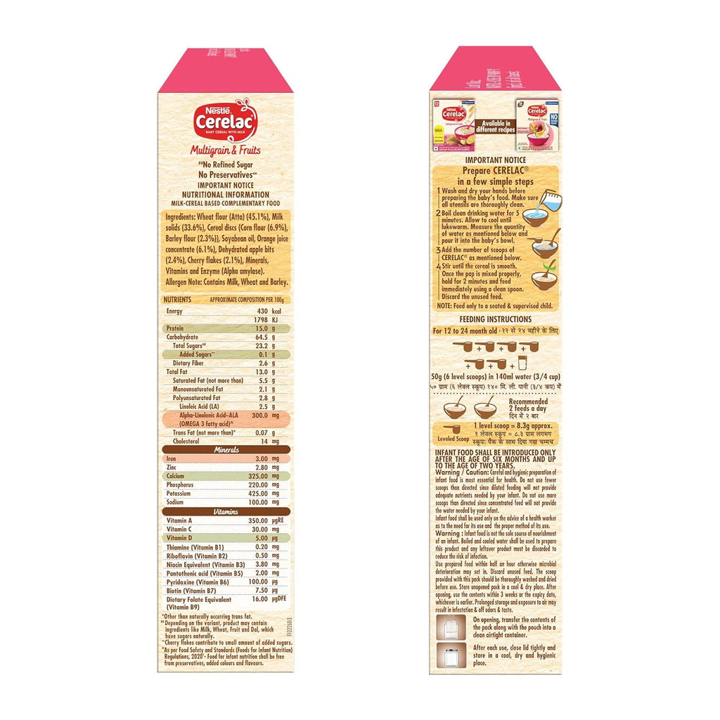 CERELAC Baby Food Cereal | No Refined Sugar | No Preservatives | Multigrain & Fruits for 12 to 24 Months Baby | Omega 3 Iron Protein Calcium Vitamin D for Babies | Instant Cereal | 300g