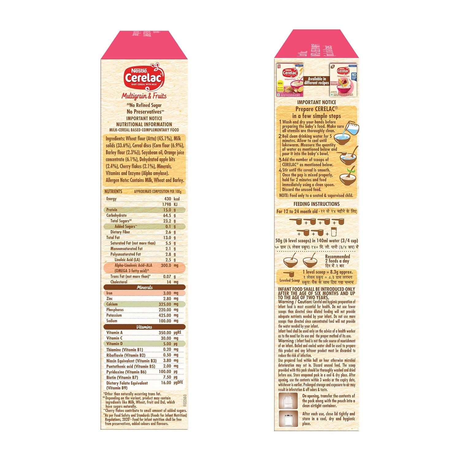 CERELAC Baby Food Cereal | No Refined Sugar | No Preservatives | Multigrain & Fruits for 12 to 24 Months Baby | Omega 3 Iron Protein Calcium Vitamin D for Babies | Instant Cereal | 300g