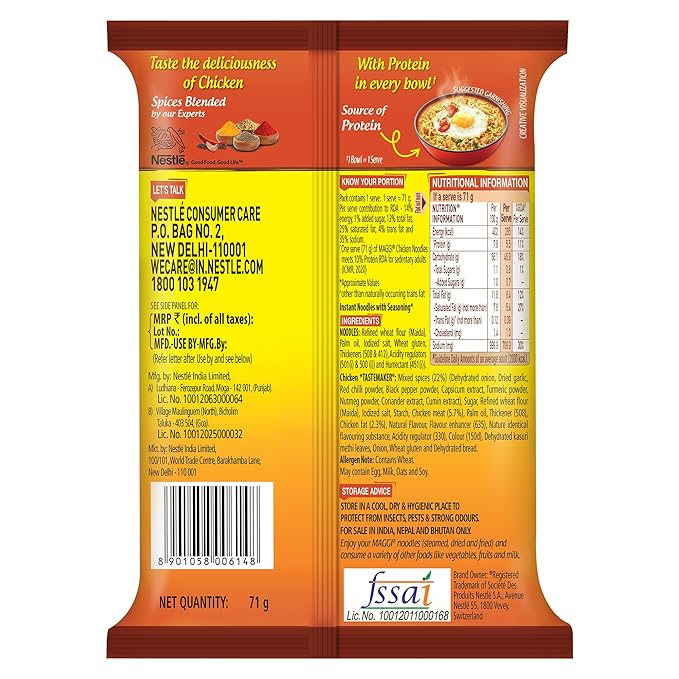 MAGGI 2-Minute Chicken Noodles, Instant Noodles With Great Taste & Aroma, Protein In Every Serve, Ready To Cook Noodles Pack, 71Gram, Small