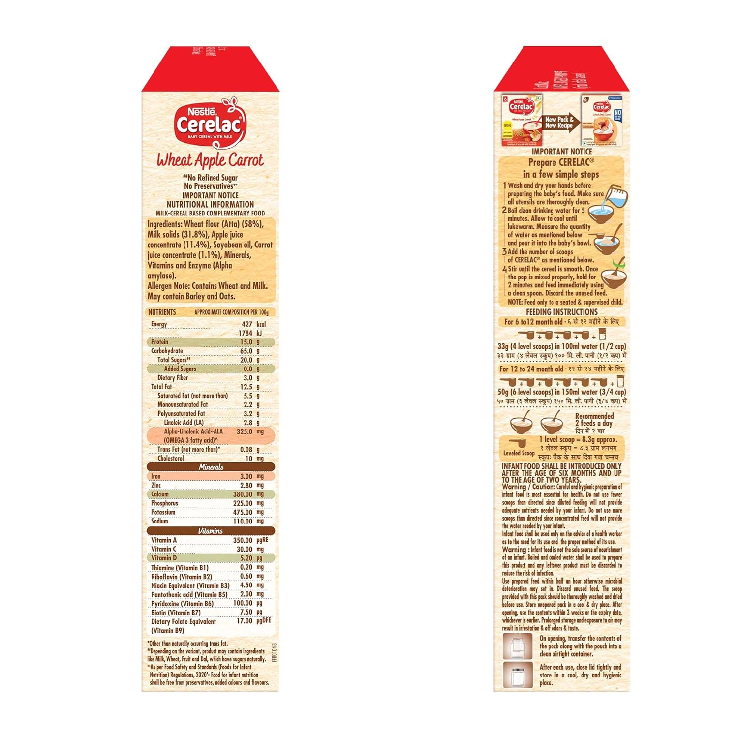 CERELAC Baby Food Cereal | No Refined Sugar | No Preservatives | Wheat Apple Carrot for 6 to 24 Months Baby | Omega 3 Iron Protein Calcium Vitamin D for Babies | Instant Cereal | 300g