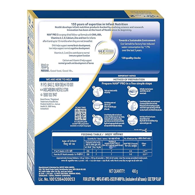 NAN PRO Stage 2 Follow-Up Formula Milk Powder For Babies (After 6 Months Upto 12 Months), With Dha-Ara, 400g Bag-In-Box Pack, Infant