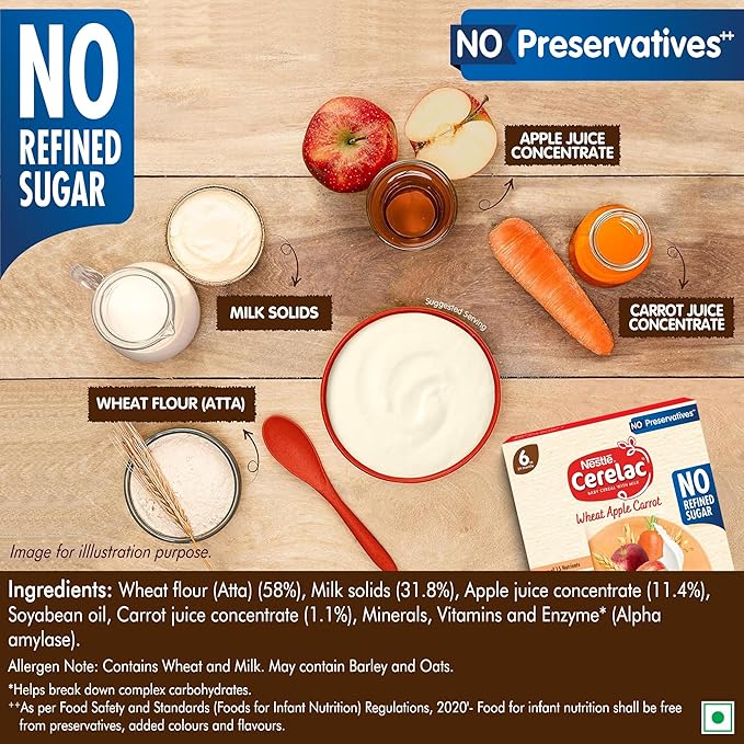 CERELAC Baby Food Cereal | No Refined Sugar | No Preservatives | Wheat Apple Carrot for 6 to 24 Months Baby | Omega 3 Iron Protein Calcium Vitamin D for Babies | Instant Cereal | 300g