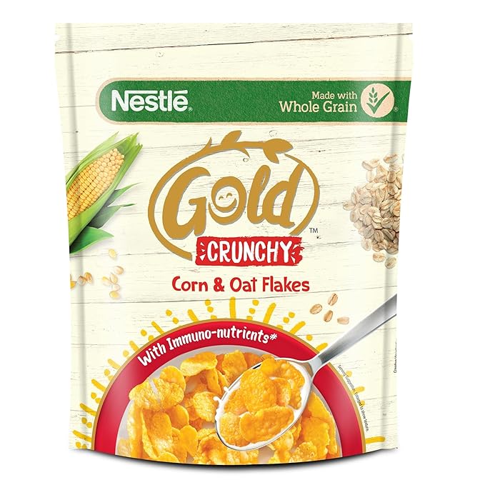 Nestlé Gold Crunchy Corn & Oat Flakes - Breakfast Cereal with Immuno-Nutrients | Made with Whole Grains & The Goodness Of B Vitamins, Calcium & Vitamin D, No Added Colours & Flavours, 230g, Pouch