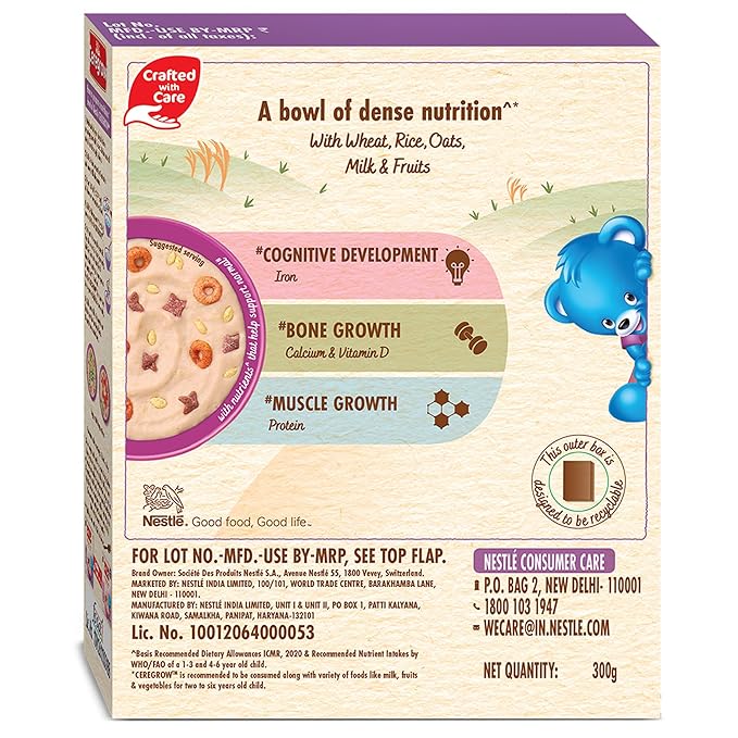 CEREGROW Multigrain Milk & Fruits Cereal | With Iron, Protein, Calcium | 19 Nutrients | 300g, Bag-in-box Pack