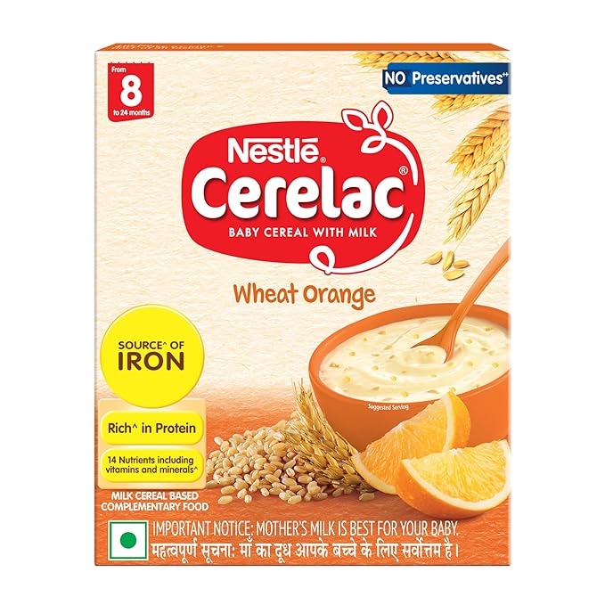 CERELAC Baby Food Cereal | No Preservatives | Wheat Orange for 8 to 24 Months Baby | Source of Iron & Protein for Babies | Instant Cereal | 300g