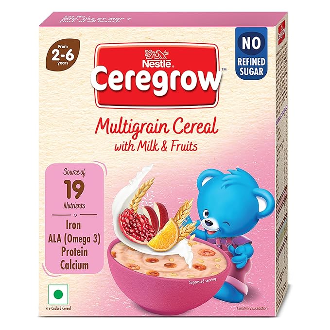 CEREGROW with NO Refined Sugar | Multigrain Cereal with Milk & Fruits | with Iron, Omega 3, Protein, Calcium | 19 Nutrients | 300g, Bag-in-Box Pack