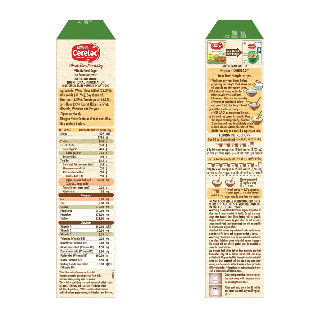 CERELAC Baby Food Cereal | No Refined Sugar | No Preservatives | Wheat Rice Mixed Veg for 10 to 24 Months Baby | Omega 3 Iron Protein Calcium Vitamin D for Babies | Instant Cereal | 300g