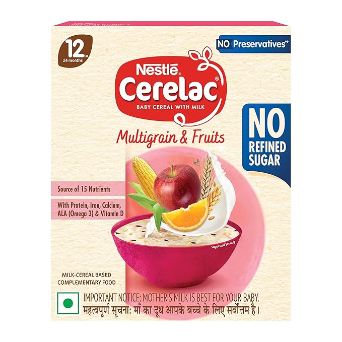 CERELAC Baby Food Cereal | No Refined Sugar | No Preservatives | Multigrain & Fruits for 12 to 24 Months Baby | Omega 3 Iron Protein Calcium Vitamin D for Babies | Instant Cereal | 300g