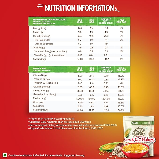 Nestlé Gold Crunchy Corn & Oat Flakes - Breakfast Cereal with Immuno-Nutrients | Made with Whole Grains & The Goodness Of B Vitamins, Calcium & Vitamin D, No Added Colours & Flavours, 230g, Pouch