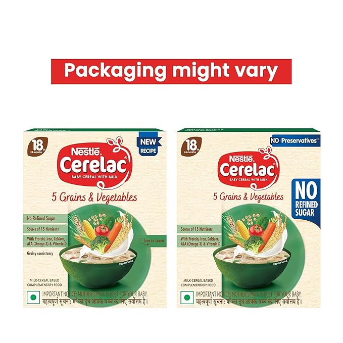 ERELAC Baby Food Cereal | No Refined Sugar | No Preservatives | 5 Grains & Vegetables for 18 to 24 Months Baby | Omega 3 Iron Protein Calcium Vitamin D for Babies | Instant Cereal | 300g