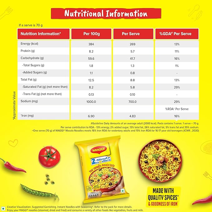 MAGGI 2-Minute Instant Noodles, Masala Noodles With Goodness Of Iron, Made With Choicest Quality Spices, Favourite Masala Taste, 70g Pouch