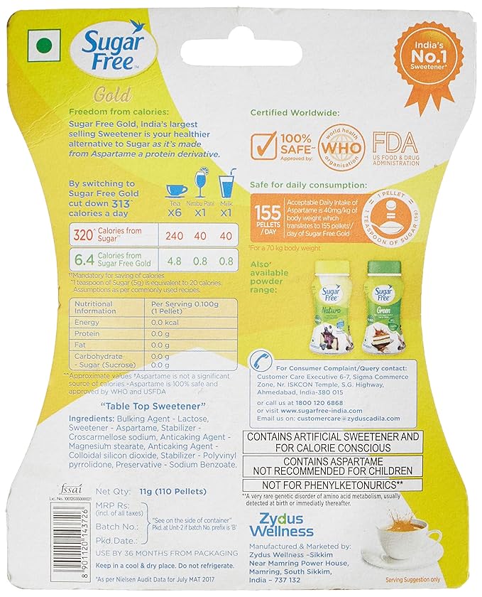 Sugar Free Gold, 100 Pellets| India’s No.1 Sweetner| Sweet like Sugar with Low Calories| Scientifically Proven & Tested