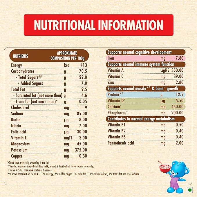 CEREGROW Multigrain Milk & Fruits Cereal | With Iron, Protein, Calcium | 19 Nutrients | 300g, Bag-in-box Pack