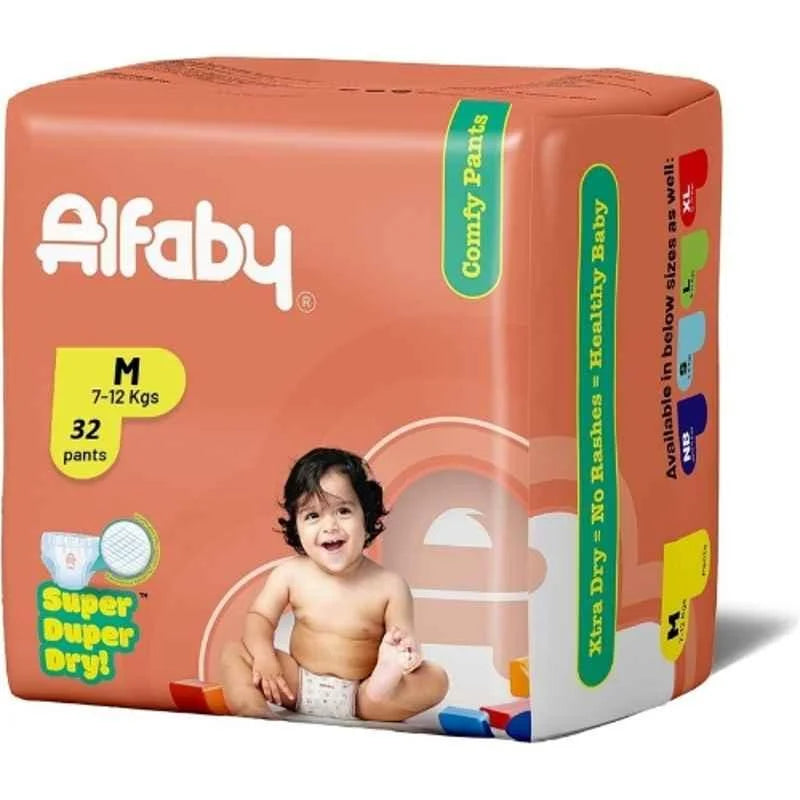 Alfaby Baby Diaper| Super Dry Comfy Pants | Long Lasting Dryness | Leak Proof Diapers | Uninterrupted Baby Sleep | Comfortable Fit | 12 hrs protection (M, 32.00)