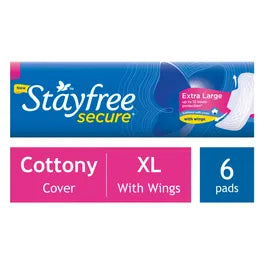 Stayfree Sanitary Pads - Secure XL Cottony Soft, with Wings, 6 pcs