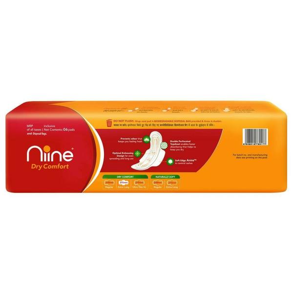 Type Ultra-Thin Size XL Length 275mm Packaging Type Straight Top Fabric Cotton Is it Disposable Yes Wings Yes Brand NIINE Country of Origin Made in India Pack Size 6 Pads
